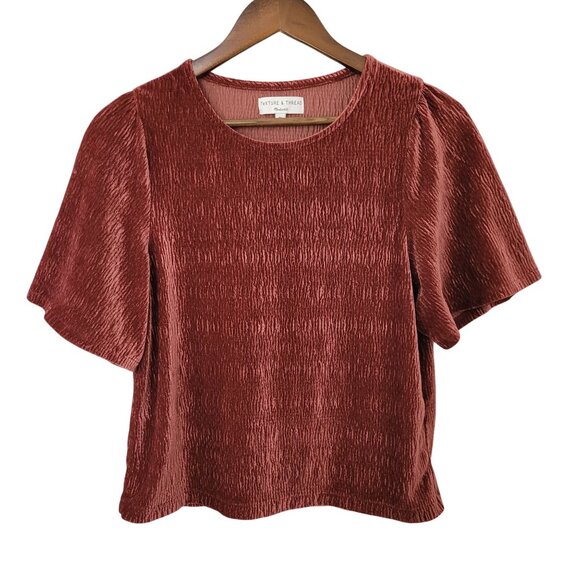 Madewell Texture & Thread Crinkle Velvet Flutter Sleeve Blouse Top XS Burgundy - Picture 1 of 5